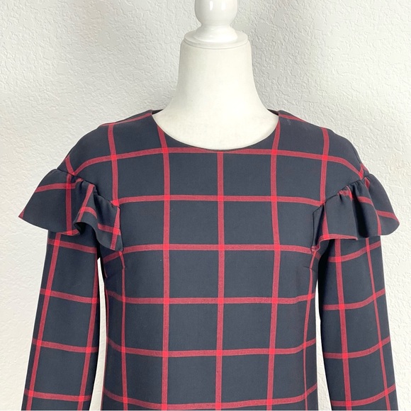 Zara Trafaluc Plaid Ruffle Shoulder Shift Dress Mini Navy Red Size XS - Picture 6 of 7